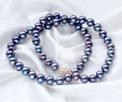 8-8.5mm Black Round Pearl Necklace 14K Gold