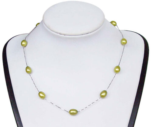 Olive Green 7-8mm Rice Pearl Silver Tin-Cup Choker, 17.5in 925 SS
