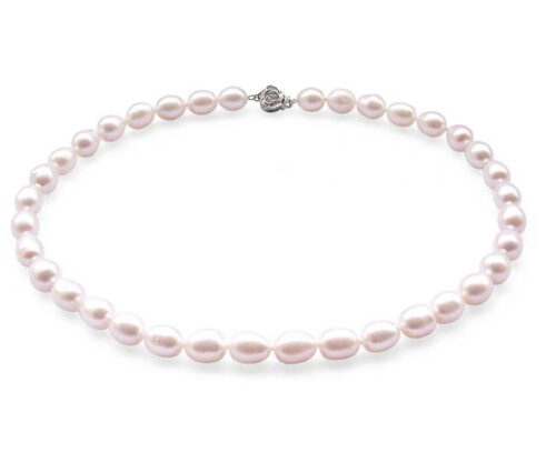 Stylish 9-10mm AA White Rice Pearl Necklace 925 Silver Rose Clasp