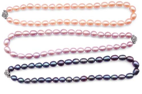 Pink, Mauve and Black 9-10mm Pearl Necklace, 925 SS Rose Shaped Clasp