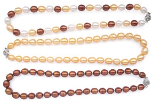 White/Chocolate/Apricot 9-10mm Pearl Necklace, 925 SS Rose Shaped Clasp