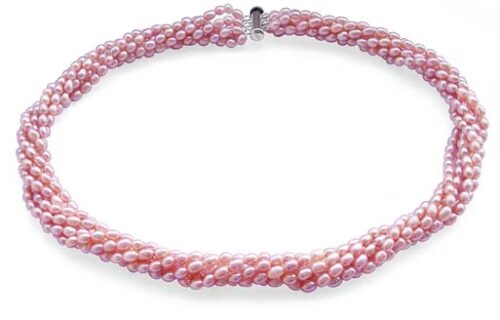Mauve 3-4mm 6-Row Pearl Necklace in 925 SS