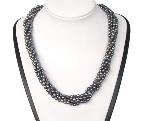 Black 3-4mm 6-Row Pearl Necklace in 925 SS