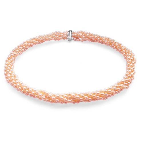 Pink 3-4mm 6-Row Pearl Necklace in 925 SS