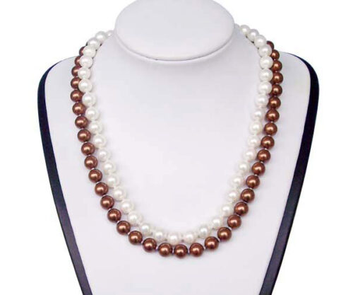 Double Strand 8mm White/Chocolate Southsea Shell Pearl Necklace in 925 Silver