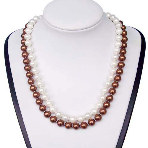 Double Strand 8mm White/Chocolate Southsea Shell Pearl Necklace in 925 Silver