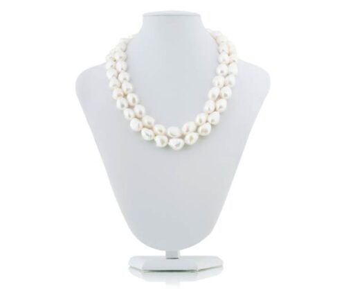 White 13-14mm 2-Row  Baroque Pearl Necklace, 925 SS Clasp