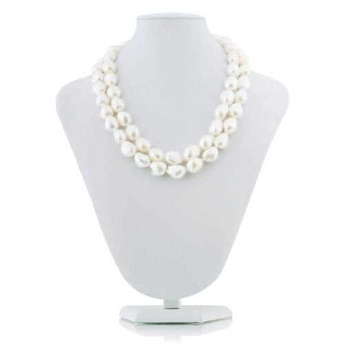 White 13-14mm 2-Row  Baroque Pearl Necklace, 925 SS Clasp