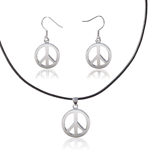 WG plated Pendant and Earrings Set, Peace Sign Design, Free Black Leather Cord