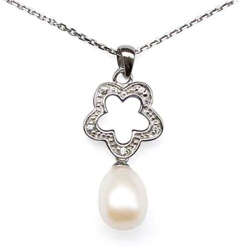 White Real 9mm Drop Pearl with Cz Diamonds in SS Pendant