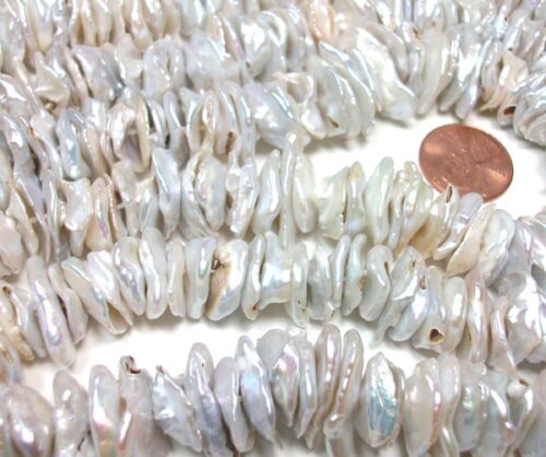 Center Drilled 10-13mm Large Keshi Pearl Strand, Silver White