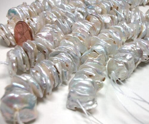 Center Drilled 10-13mm Large Keshi Pearl Strand, Silver White