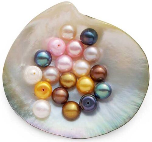 White, Pink, Mauve, Black, Chocolate, Gold, Light Pink and Dark Gold 9-10mm Half-Drilled AA Button Pearls