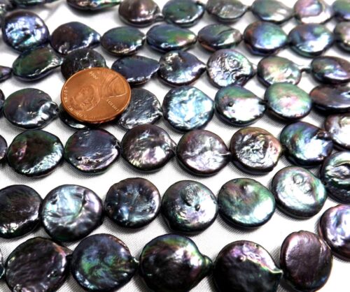 12-13mm Peacock Black Round Coin Pearls