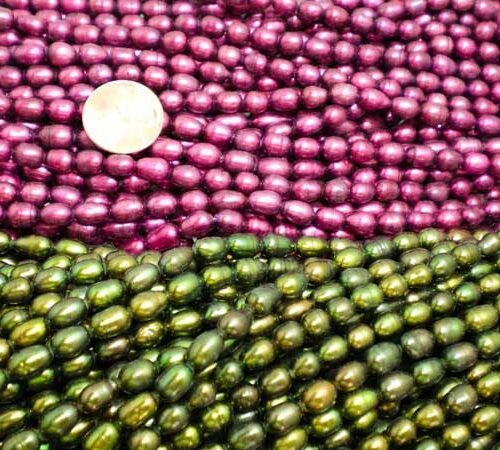 Magenta and Peacock Green 5-6mm Oval or Rice Pearl Strands