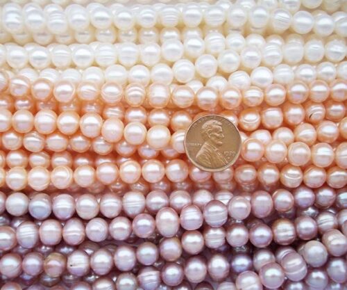 White, Pink and Mauve 8-9mm Side Drilled Semi-Round Pearl Strands, Natural Dents,Larger Hole