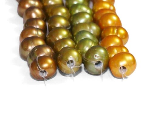 Chocolate, Olive Green, Peacock Green and Gold 8-9mm Side Drilled Semi-Round Pearl Strands, Natural Dents,Larger Hole