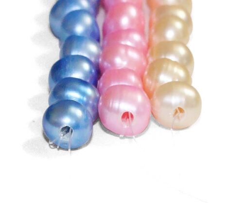 Royal Blue, Baby Pink and White (Pinkish overtone) 8-9mm Side Drilled Semi-Round Pearl Strands, Natural Dents,Larger Hole