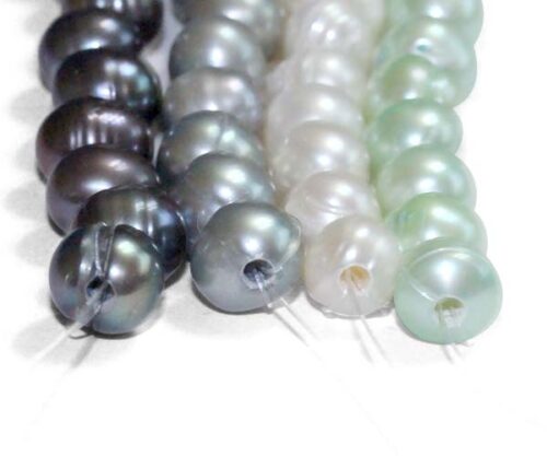 Black, Grey, White and Light Green 8-9mm Side Drilled Semi-Round Pearl Strands, Natural Dents,Larger Hole