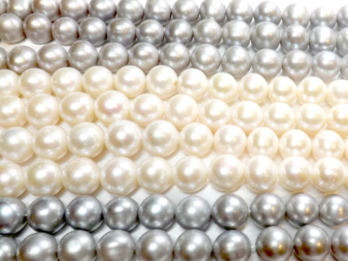 White or Grey Colored 12-13mm Near Round Potato Pearls on Temporary Strand