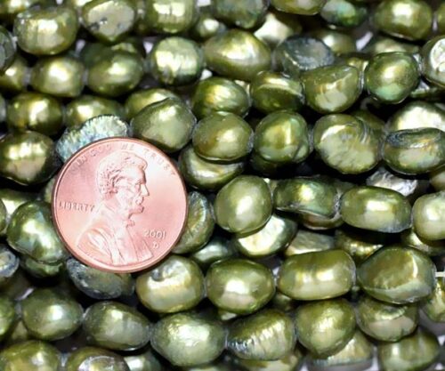 Peacock Green 10-11mm Length Drilled High Quality Baroque Pearl Strand