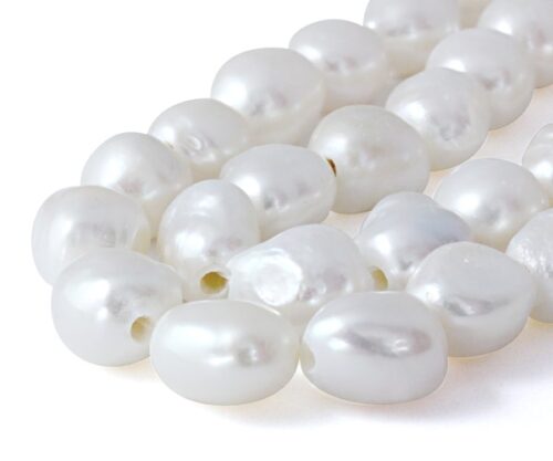 White 10-11mm Length Drilled Baroque Pearls 2mm holes