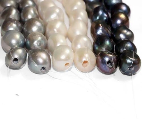 Grey, White and Black 12-13mm Length Drilled High Quality Baroque Pearl Strand, Larger Holes