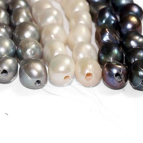 Grey, White and Black 12-13mm Length Drilled High Quality Baroque Pearl Strands, Larger Holes