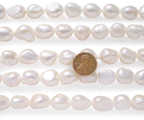 White Rare 13-14mm Length Drilled Baroque Pearl Strand, High AA+ Quality