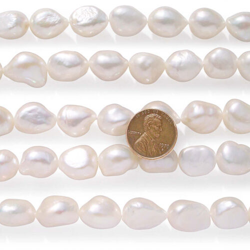 White Rare 13-14mm Length Drilled Baroque Pearl Strand, High AA+ Quality