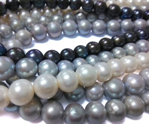 White, Black and Grey 11-12mm Round Pearls on Temporary Strand, 2.3mm Hole