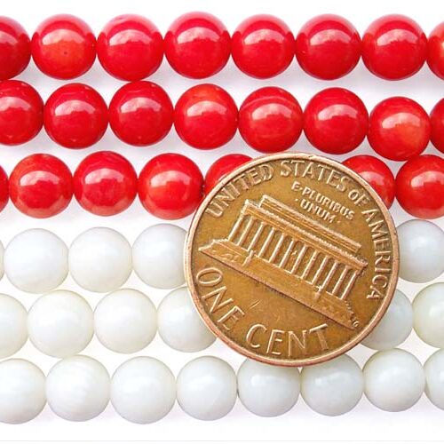Red and White 6mm Round Coral Beads on Temporary Strand