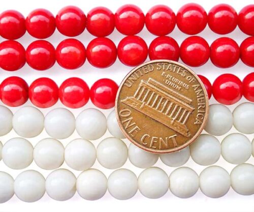 Red and White 7mm Round Coral Beads on Temporary Strand