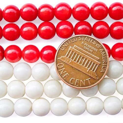 Red and White 7mm Round Coral Beads on Temporary Strand