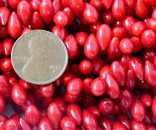 Red 5x9mm Top Drilled Coral in Drop Shape on Temporary Strand