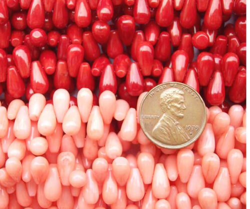 Red and Pink 5x9mm Top Drilled Coral in Drop Shape on Temporary Strand