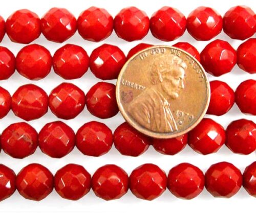 Red 7mm Faceted Round Coral Beads on Temporary Strand