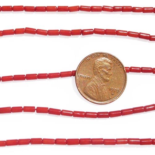Red 2x4mm Genuine Coral in Tube Shape on Temporary Strand