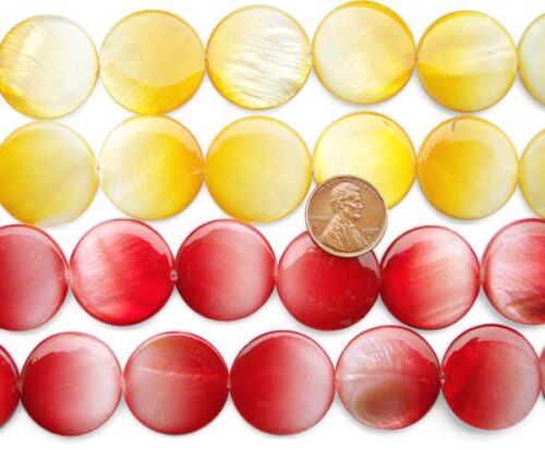 Yellow and Red 25mm Flat Round Mother of Pearl Strands in Graduated Color, Spray Painting