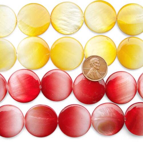 Yellow and Red 25mm Flat Round Mother of Pearl Strands in Graduated Color, Spray Painting