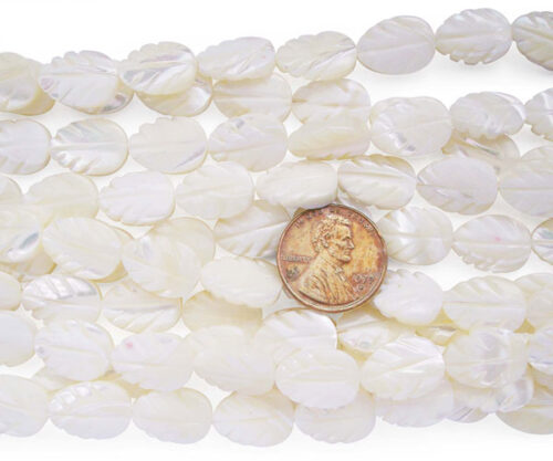 White 12x16mm Leaf Shaped Sea Shell Beads on Temporary Strand