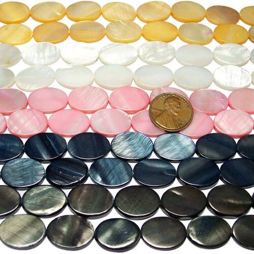 Yellow, White, Baby Pink, Blueish Black and Dark Brown 13X18mm Oval Mother of Pearl Beads on Temporary Strands