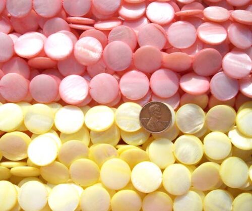Baby Pink and Light Yellow 18mm Flat Round MOP Strand
