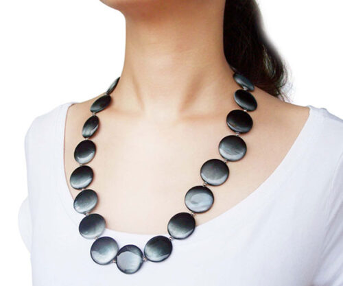 Black 25mm Mother of Pearl Necklace 24in Long, Magnetic Clasp