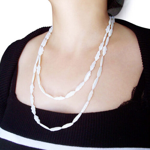 White Sea Shell Claspless Irregular Leaf Shaped Necklace, 48in