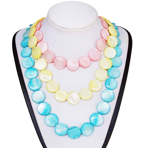 Baby Pink, Light Yellow and Baby Blue Claspless 18mm Mother of Pearl Necklaces 48in Long