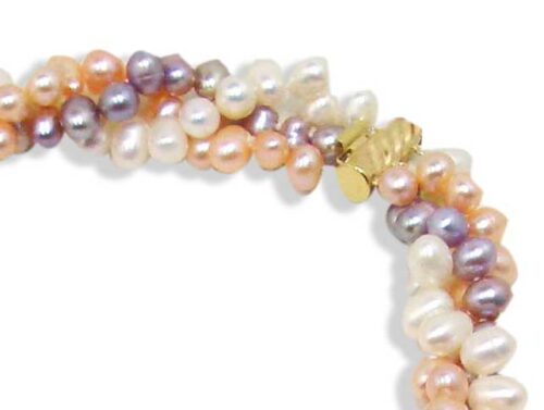 3 Strand Multi Color Pearl Necklace, 22in Long, 14k Solid Yellow Gold