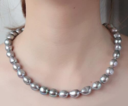 Grey 11-12 mm AA+ Baroque Pearl Necklace, Magnetic Clasp