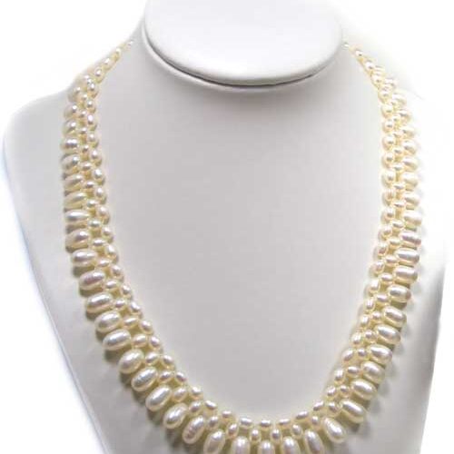 White Triple Strands Bridal Pearl Necklace 18in Long, 925 Sterling Silver