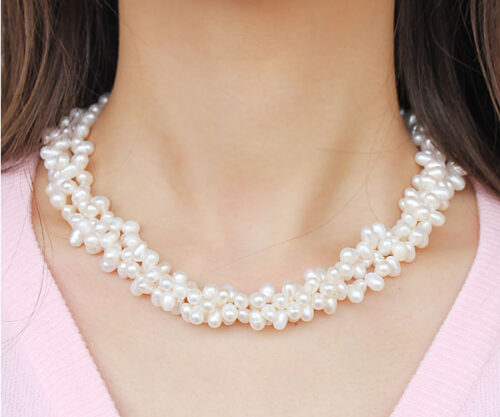 White 3 Strand 5x6mm Pearl Necklace, 925 SS
